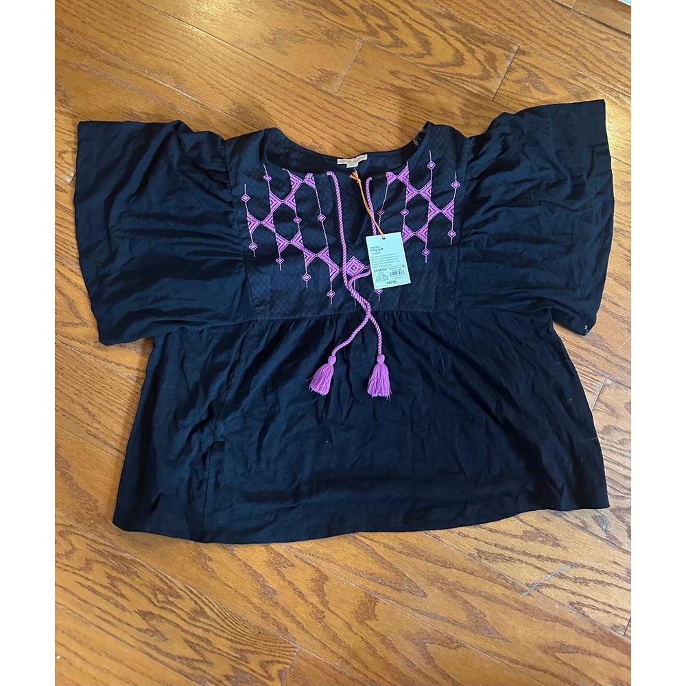 Knox Rose Women Black Purple Embroidered Flutter Sleeve Tassel Boho Top XXL NEW